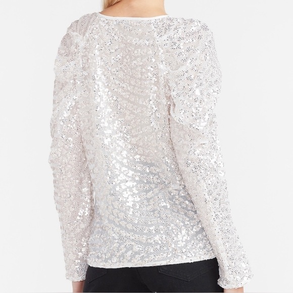 EXPRESS IVORY White SEQUIN PUFF RUCHED Long SLEEVE BLOUSE TOP Shirt XSMALL - Picture 3 of 13